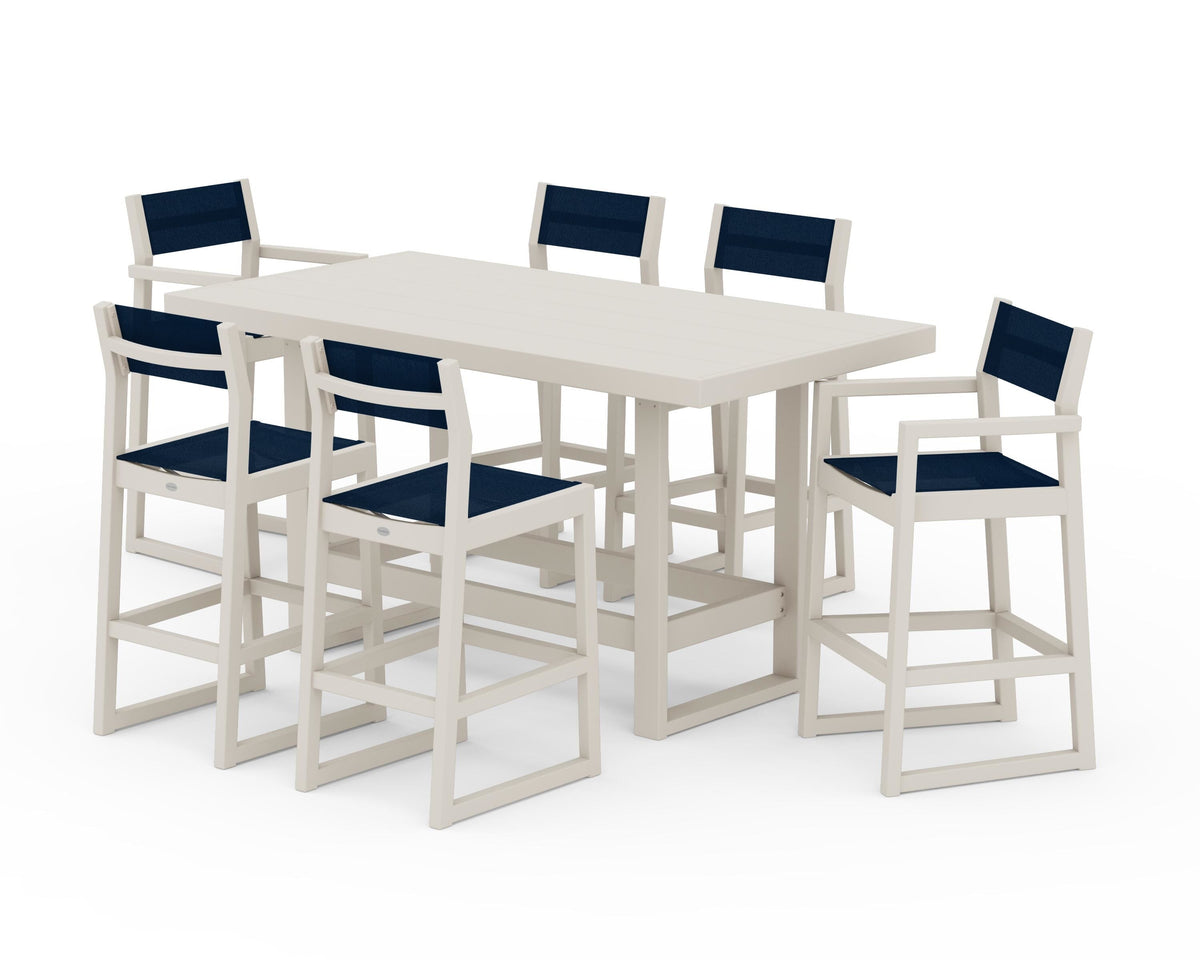 POLYWOOD EDGE Sling 7-Piece Bar Table Set in Sand / Navy Blue