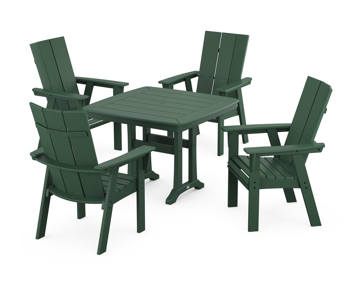 POLYWOOD Modern Adirondack 5-Piece Dining Set with Trestle Legs with Modern Curveback Adirondack Dining Chair in Green