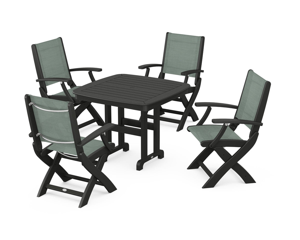 POLYWOOD Coastal Folding Chair 5-Piece Dining Set with Nautical 37" Dining Table in Black / Dupioni Sea Mist