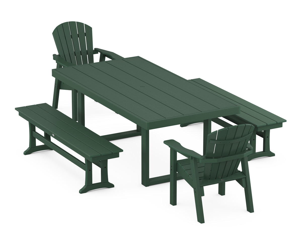 POLYWOOD Seashell 5-Piece Dining Set with Benches - 40" x 78" Table in Green