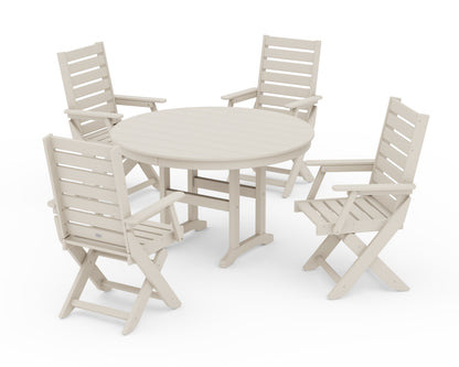 POLYWOOD Captain Folding Chair 5-Piece Round Dining Set in Sand