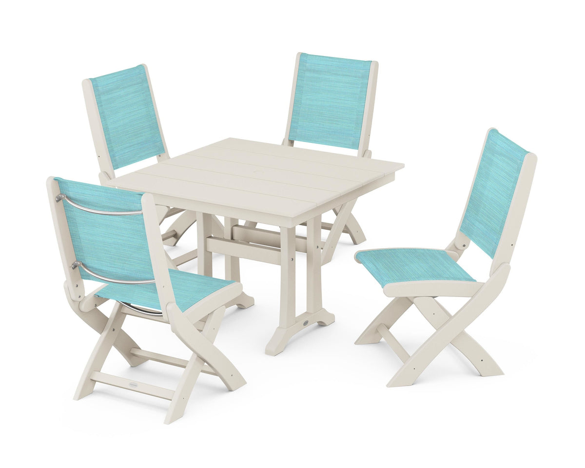 POLYWOOD Coastal Folding Side Chair 5-Piece Farmhouse Dining Set With Trestle Legs in Sand / Dupioni Aquamarine