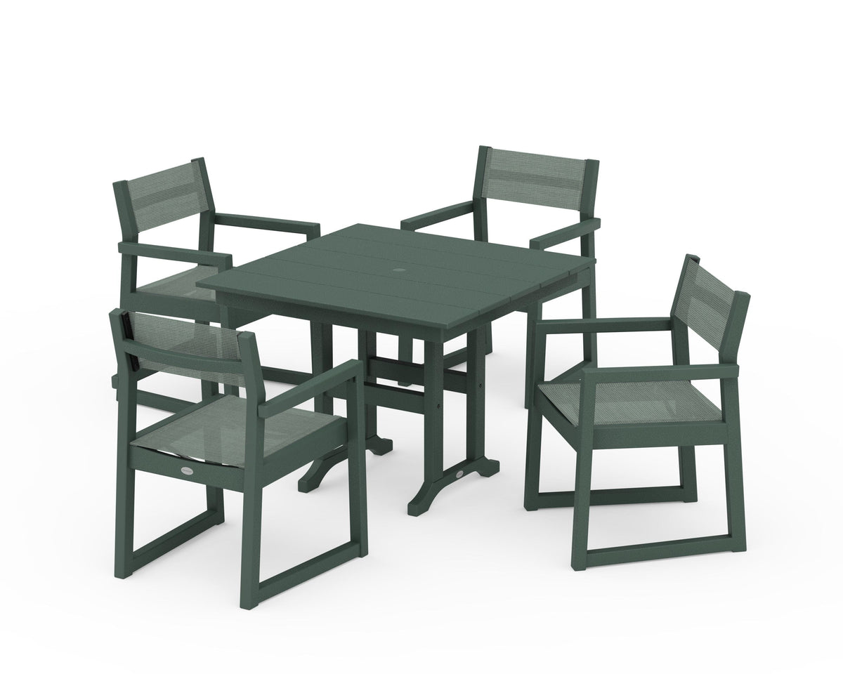 POLYWOOD EDGE Sling Arm Chair 5-Piece Farmhouse Dining Set in Green / Dupioni Sea Mist