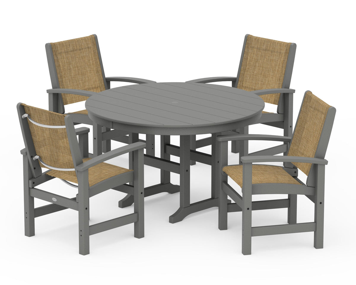POLYWOOD Coastal 5-Piece Round Farmhouse Dining Set in Slate Grey / Burlap