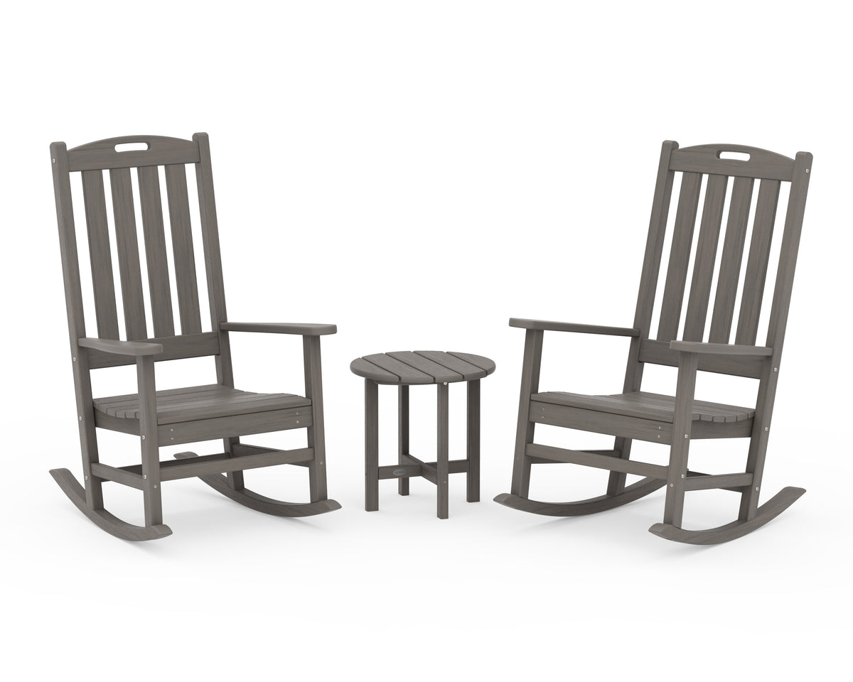 POLYWOOD Nautical 3-Piece Porch Rocking Chair Set with Round 18" Side Table in Driftwood