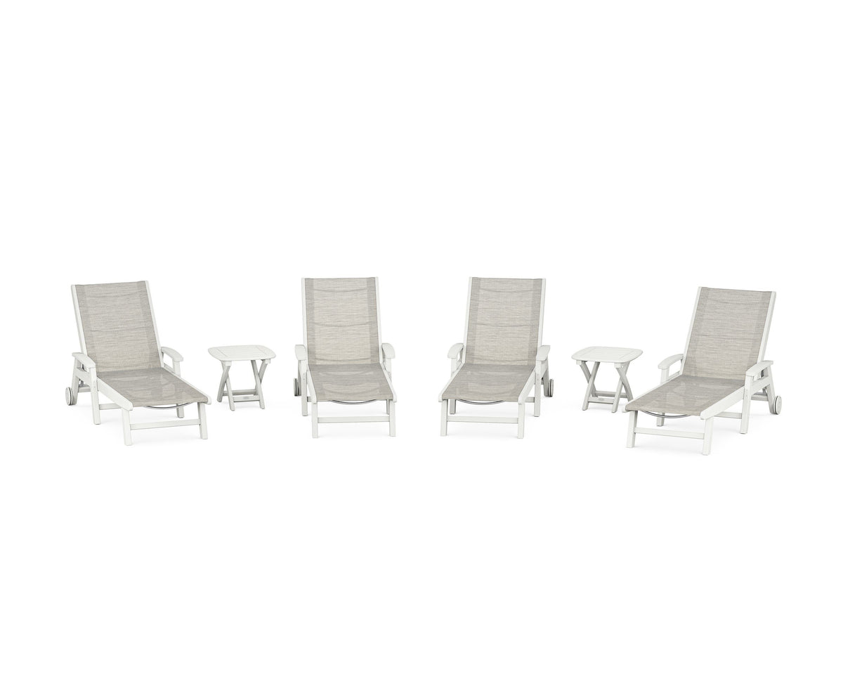 POLYWOOD Coastal Chaise 6-Piece Set with Wheels in Vintage White / Birch
