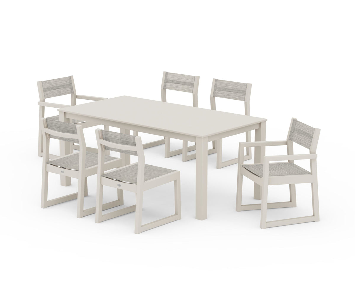 POLYWOOD EDGE Sling 7-Piece Parsons Dining Set in Sand / Birch
