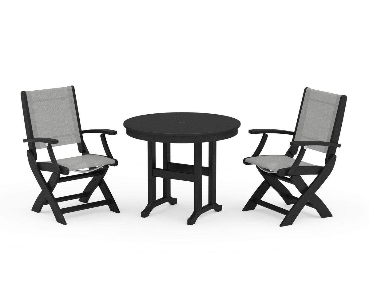 POLYWOOD Coastal Folding Chair 3-Piece Round Dining Set in Black / Metallic