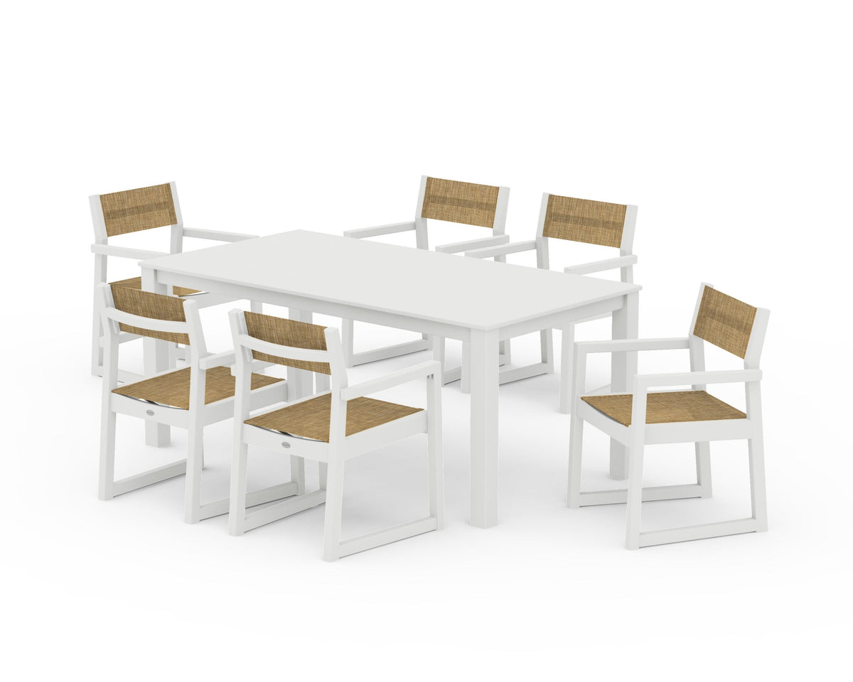 POLYWOOD EDGE Sling Arm Chair 7-Piece Parsons Dining Set in Vintage White / Burlap