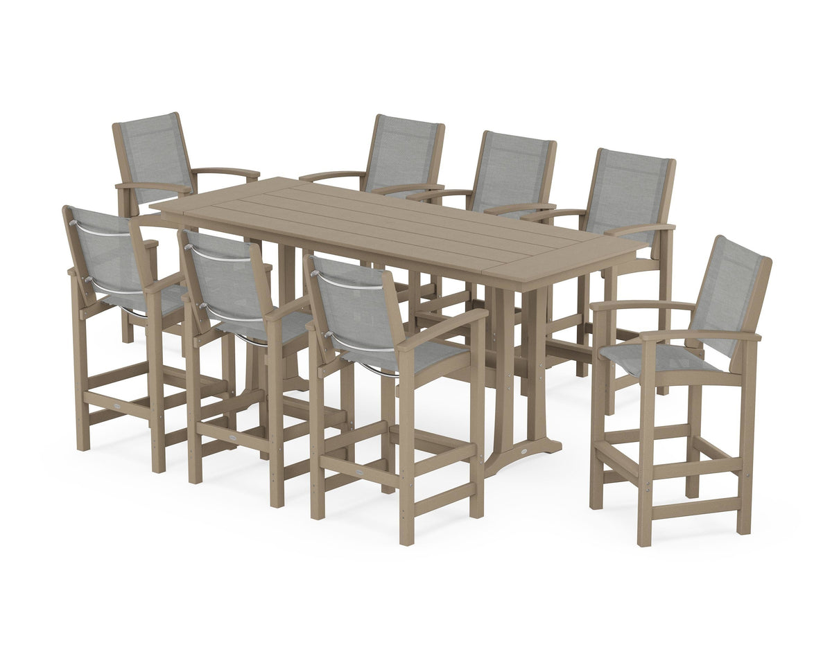 POLYWOOD Coastal 9-Piece Farmhouse Bar Set with Trestle Legs in Vintage Sahara / Metallic