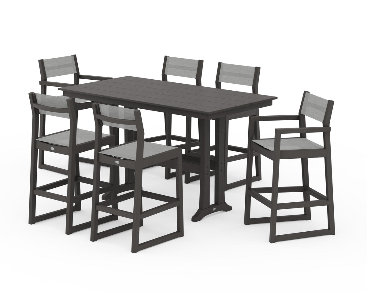 POLYWOOD EDGE Sling 7-Piece Farmhouse Bar Set with Trestle Legs in Vintage Coffee / Metallic