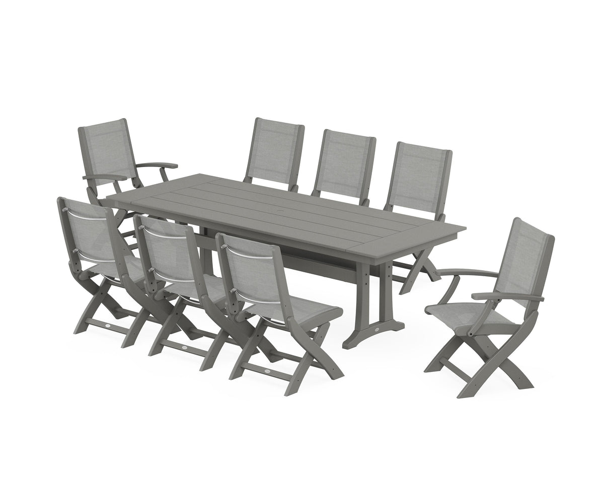 POLYWOOD Coastal 9-Piece Folding Dining Chair Farmhouse Dining Set with Trestle Legs in Slate Grey / Metallic