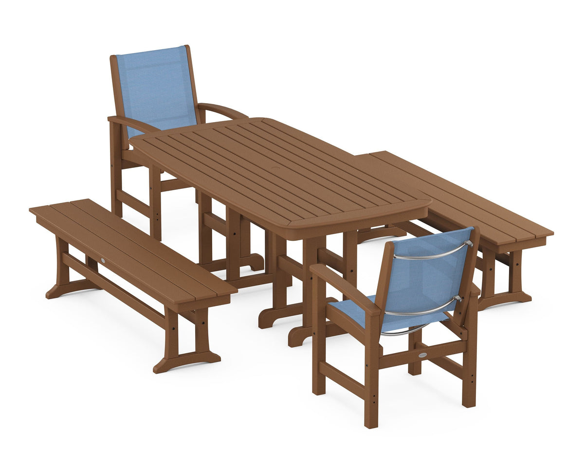 POLYWOOD Coastal 5-Piece Dining Set with Nautical 37" x 72" Dining Table in Teak / Poolside