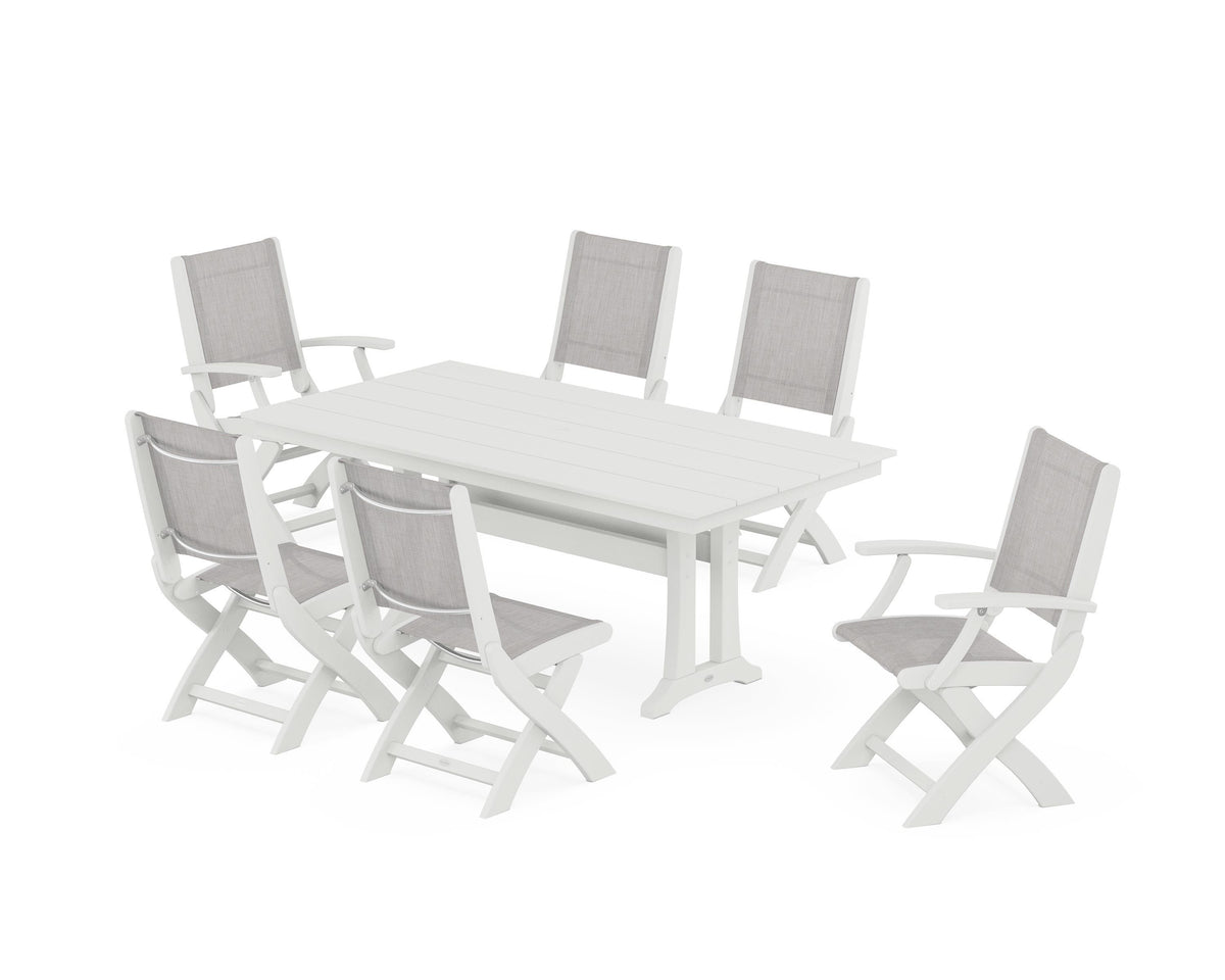POLYWOOD Coastal Folding Chair 7-Piece Farmhouse Dining Set with Trestle Legs in Vintage White / Parchment