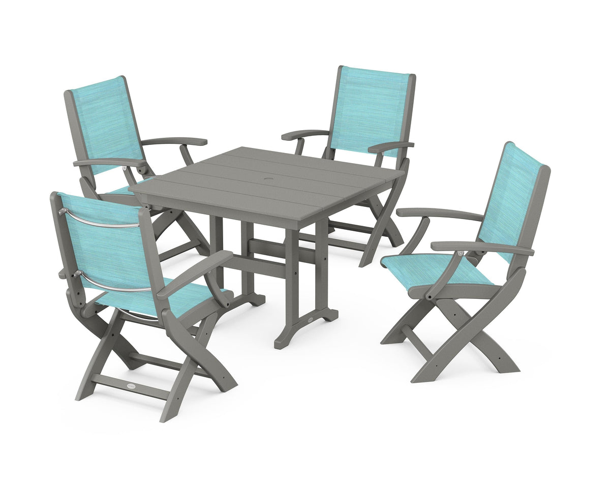 POLYWOOD Coastal Folding Chair 5-Piece Farmhouse Dining Set in Slate Grey / Dupioni Aquamarine
