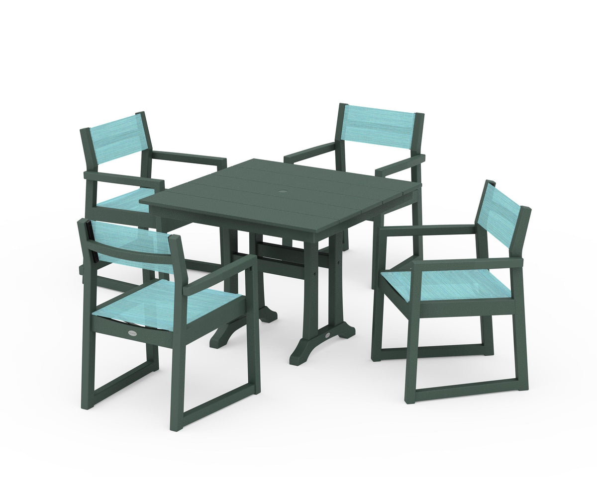 POLYWOOD EDGE Sling 5-Piece Farmhouse Dining Set with Trestle Legs in Green / Dupioni Aquamarine