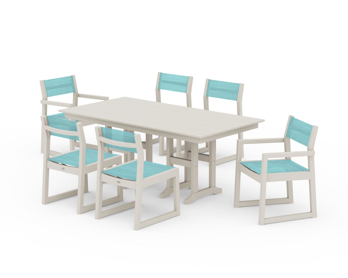 POLYWOOD EDGE Sling 7-Piece Farmhouse Dining Set in Sand / Dupioni Aquamarine