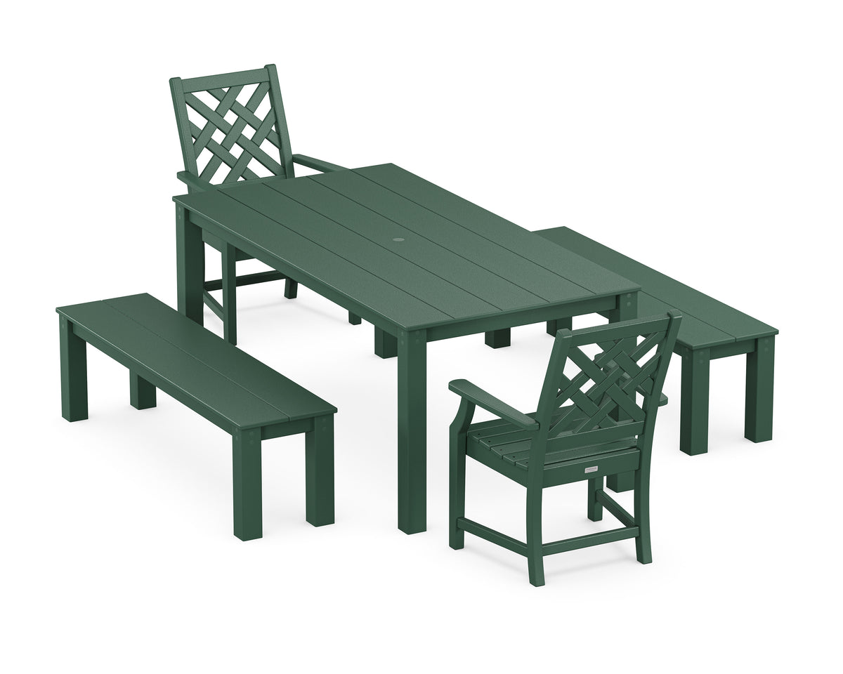 POLYWOOD Wovendale 5-Piece Parsons Dining Set with Benches in Green