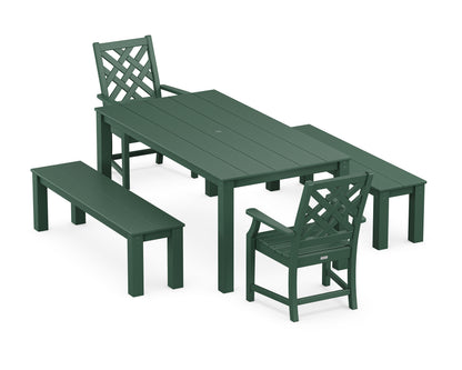 POLYWOOD Wovendale 5-Piece Parsons Dining Set with Benches in Green
