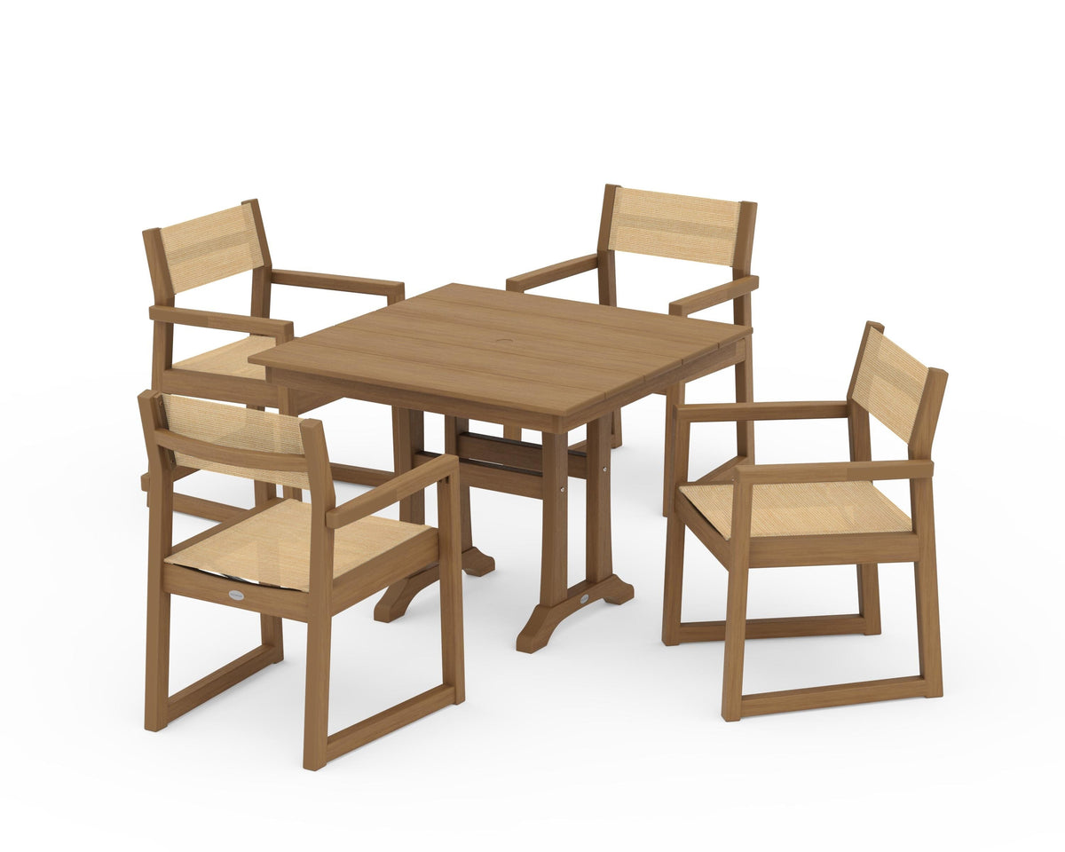 POLYWOOD EDGE Sling 5-Piece Farmhouse Dining Set with Trestle Legs in Natural / Dupioni Apricot