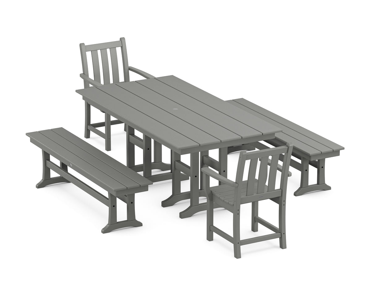 POLYWOOD Traditional Garden 5-Piece Farmhouse Dining Set with Benches in Slate Grey