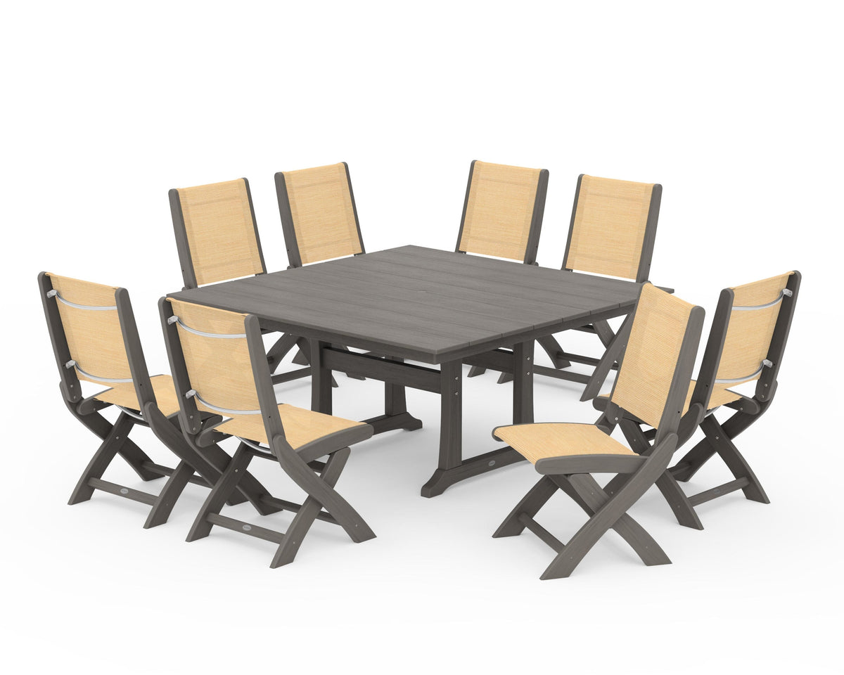 POLYWOOD Coastal Folding Side Chair 9-Piece Farmhouse Dining Set in Driftwood / Dupioni Apricot