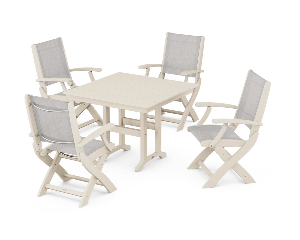 POLYWOOD Coastal Folding Chair 5-Piece Farmhouse Dining Set in Sand / Parchment
