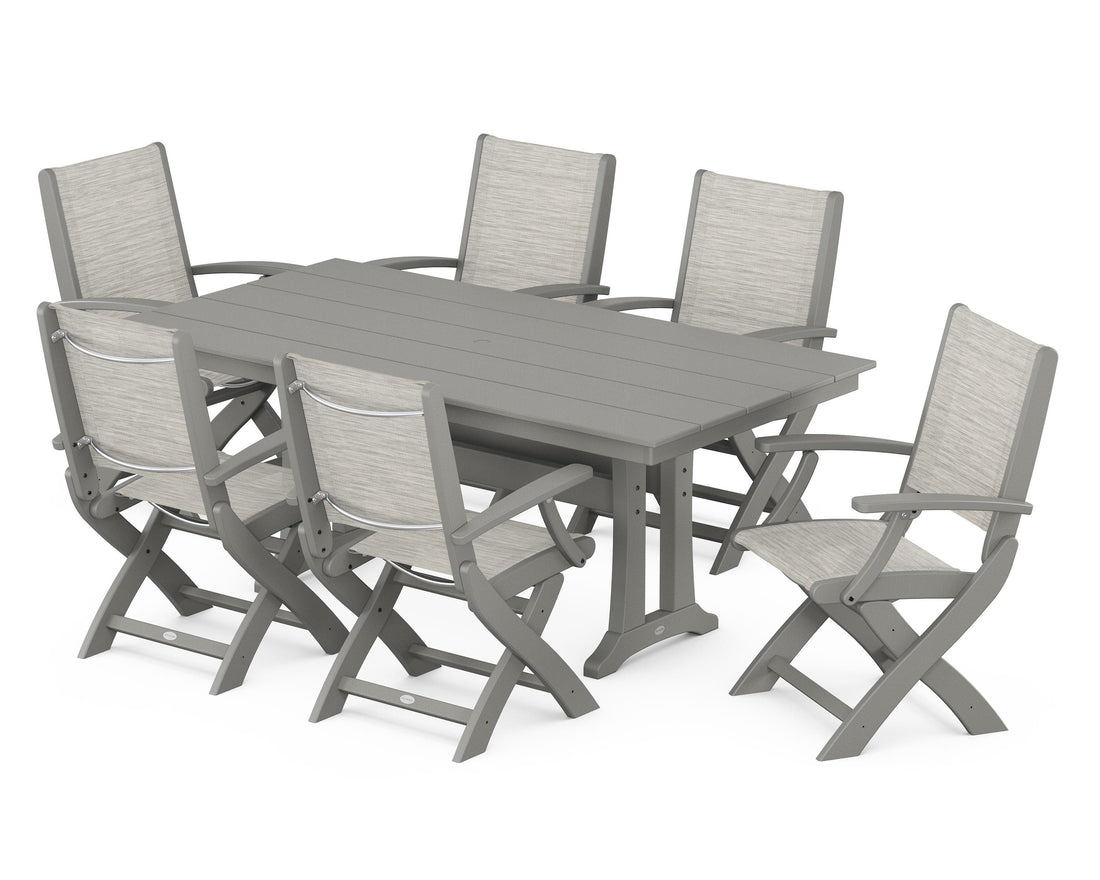 POLYWOOD Coastal Folding Arm Chair 7-Piece Farmhouse Dining Set with Trestle Legs in Slate Grey / Birch