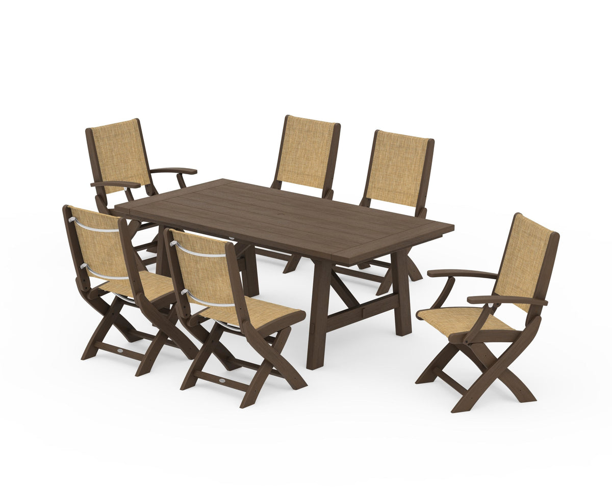 POLYWOOD Coastal Folding Chair 7-Piece Rustic Farmhouse Dining Set in Kona / Burlap