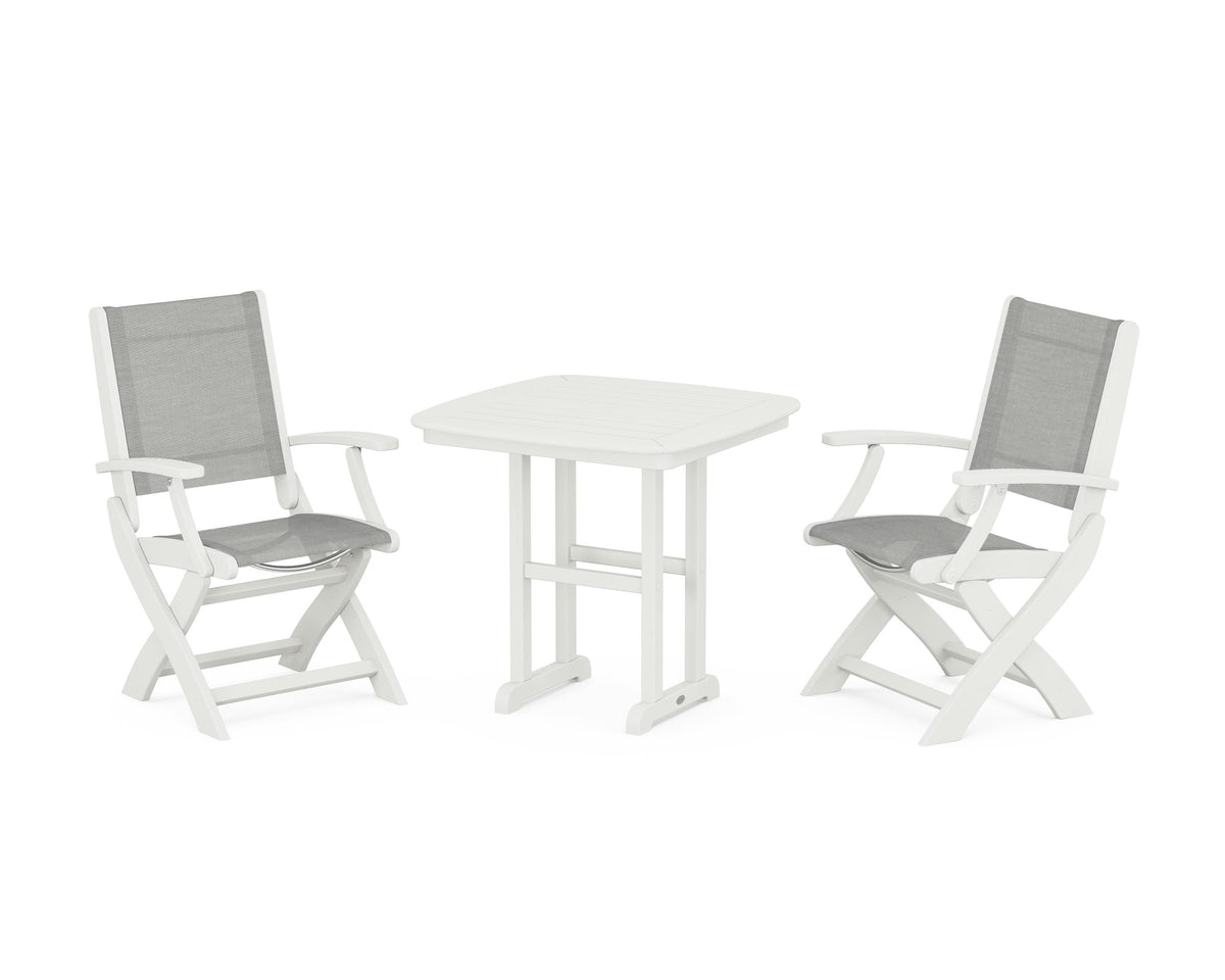 POLYWOOD Coastal Folding Chair 3-Piece Dining Set in Vintage White / Metallic