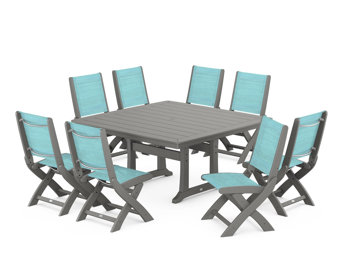 POLYWOOD Coastal Folding Side Chair 9-Piece Dining Set with Trestle Legs in Slate Grey / Dupioni Aquamarine
