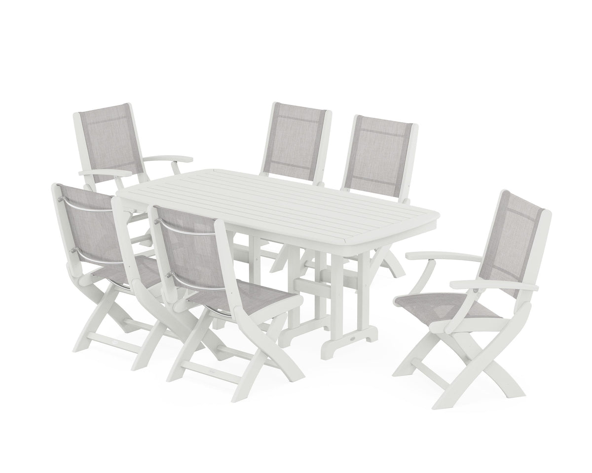 POLYWOOD Coastal Folding Chair 7-Piece Dining Set in Vintage White / Parchment