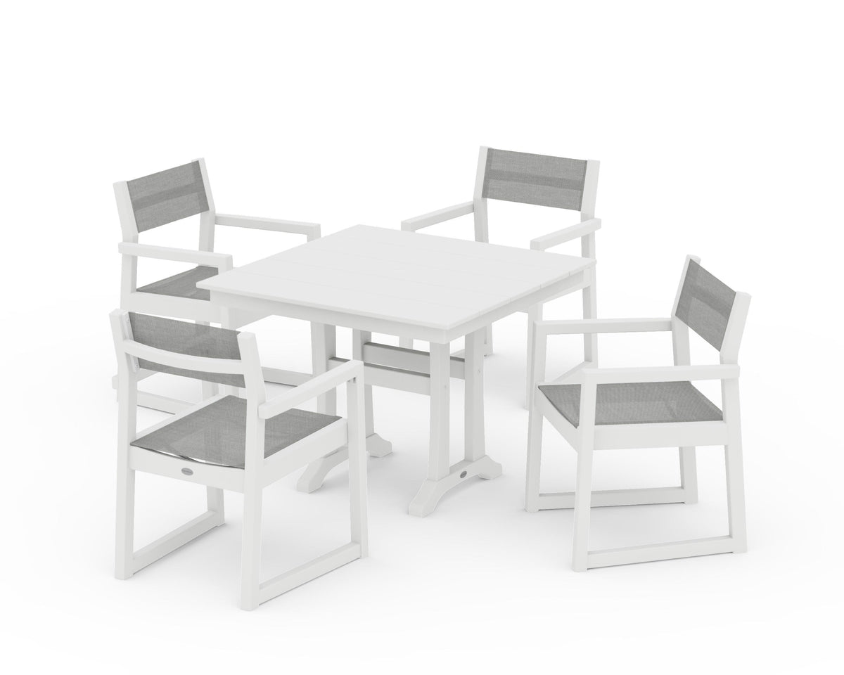 POLYWOOD EDGE Sling 5-Piece Farmhouse Dining Set with Trestle Legs in White / Metallic