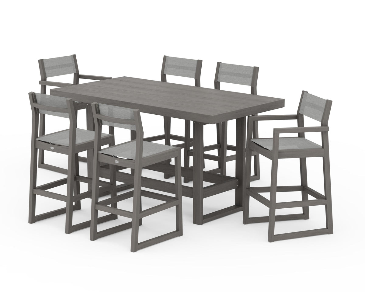 POLYWOOD EDGE Sling 7-Piece Bar Table Set in Driftwood / Metallic