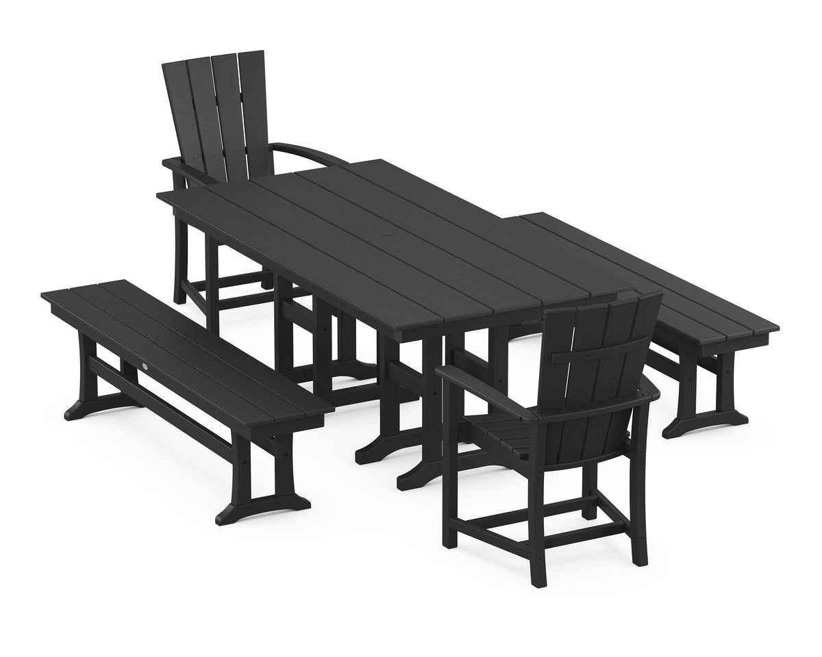 POLYWOOD Quattro 5-Piece Farmhouse Dining Set with Benches - 37" x 72" Table in Black