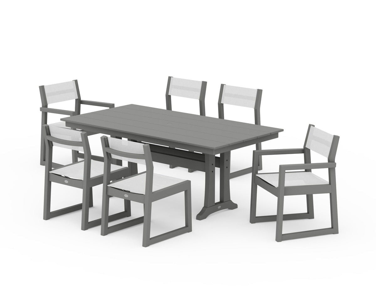 POLYWOOD EDGE Sling 7-Piece Farmhouse Trestle Dining Set in Slate Grey / White