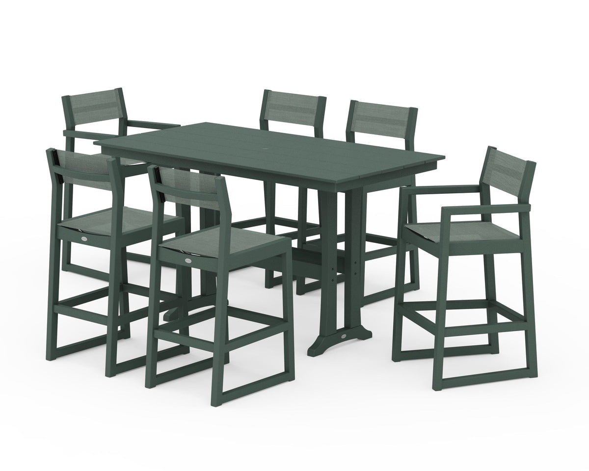 POLYWOOD EDGE Sling 7-Piece Farmhouse Bar Set with Trestle Legs in Green / Dupioni Sea Mist