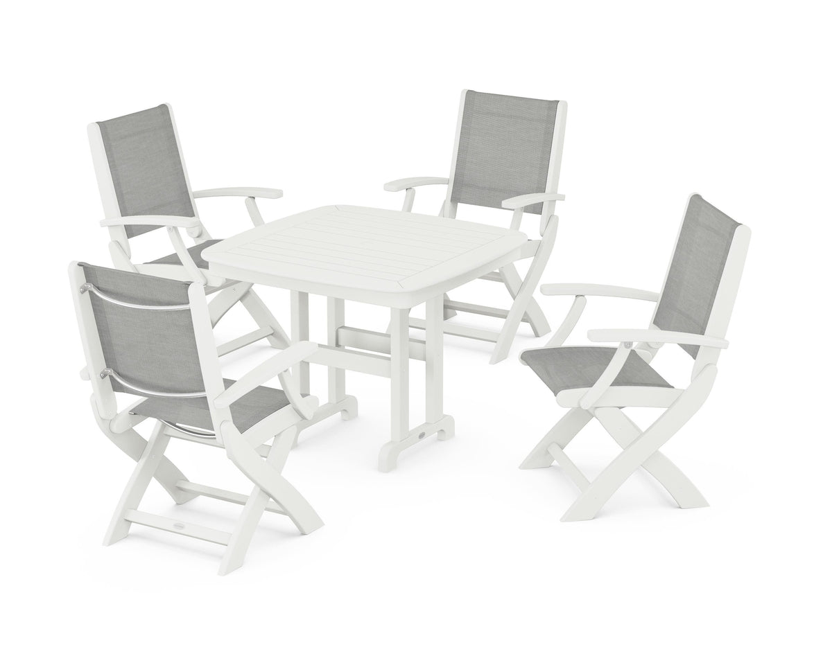 POLYWOOD Coastal Folding Chair 5-Piece Dining Set with Nautical 37" Dining Table in Vintage White / Metallic