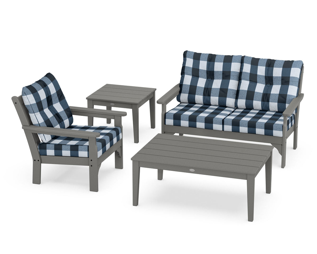 POLYWOOD Vineyard 4-Piece Deep Seating Set in Slate Grey / Buffalo Plaid Marine Indigo