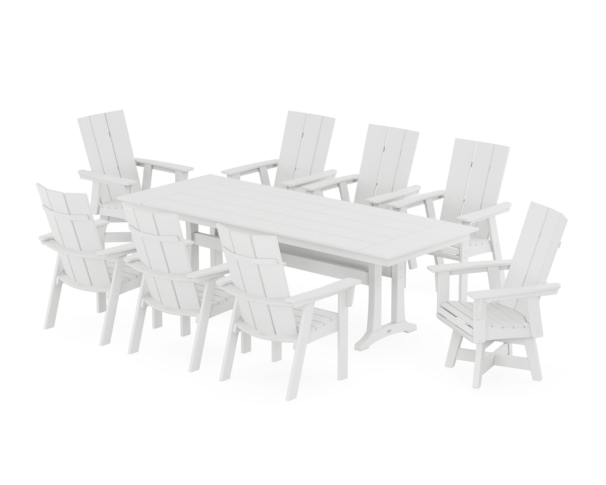 POLYWOOD Modern Curveback Adirondack Swivel 9-Piece Farmhouse Dining Set with Trestle Legs in White