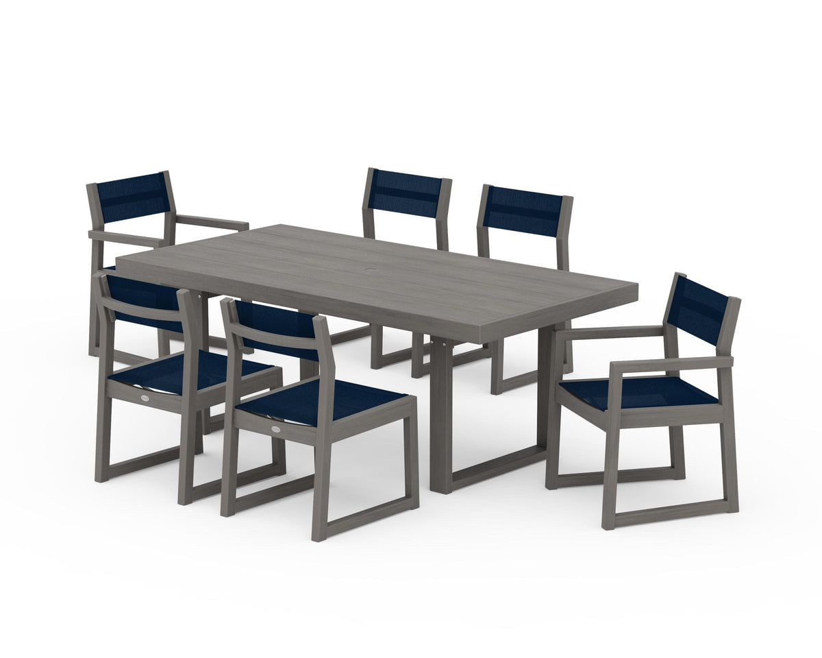 POLYWOOD EDGE Sling 7-Piece Dining Set in Driftwood / Navy Blue