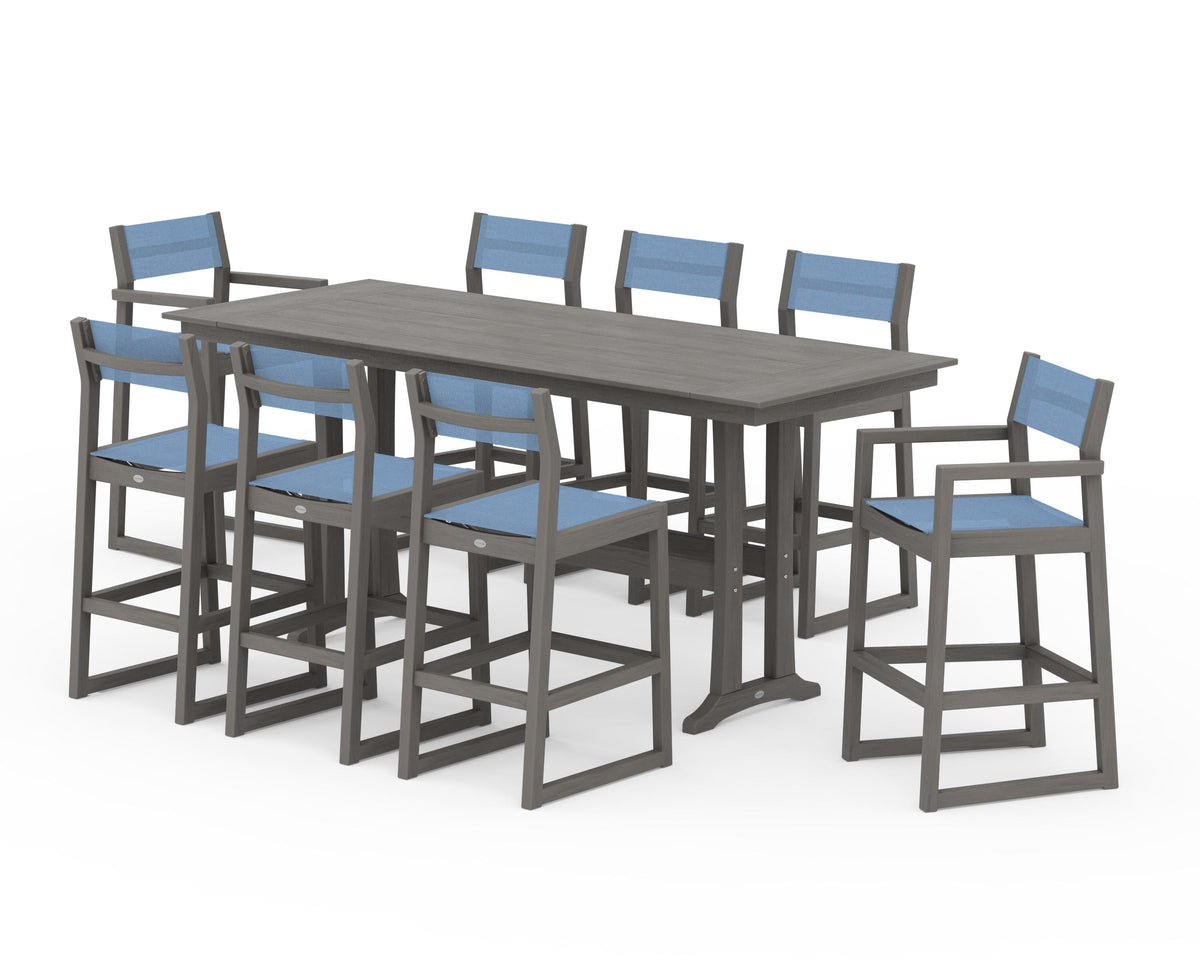 POLYWOOD EDGE Sling 9-Piece Farmhouse Bar Set with Trestle Legs in Driftwood / Poolside