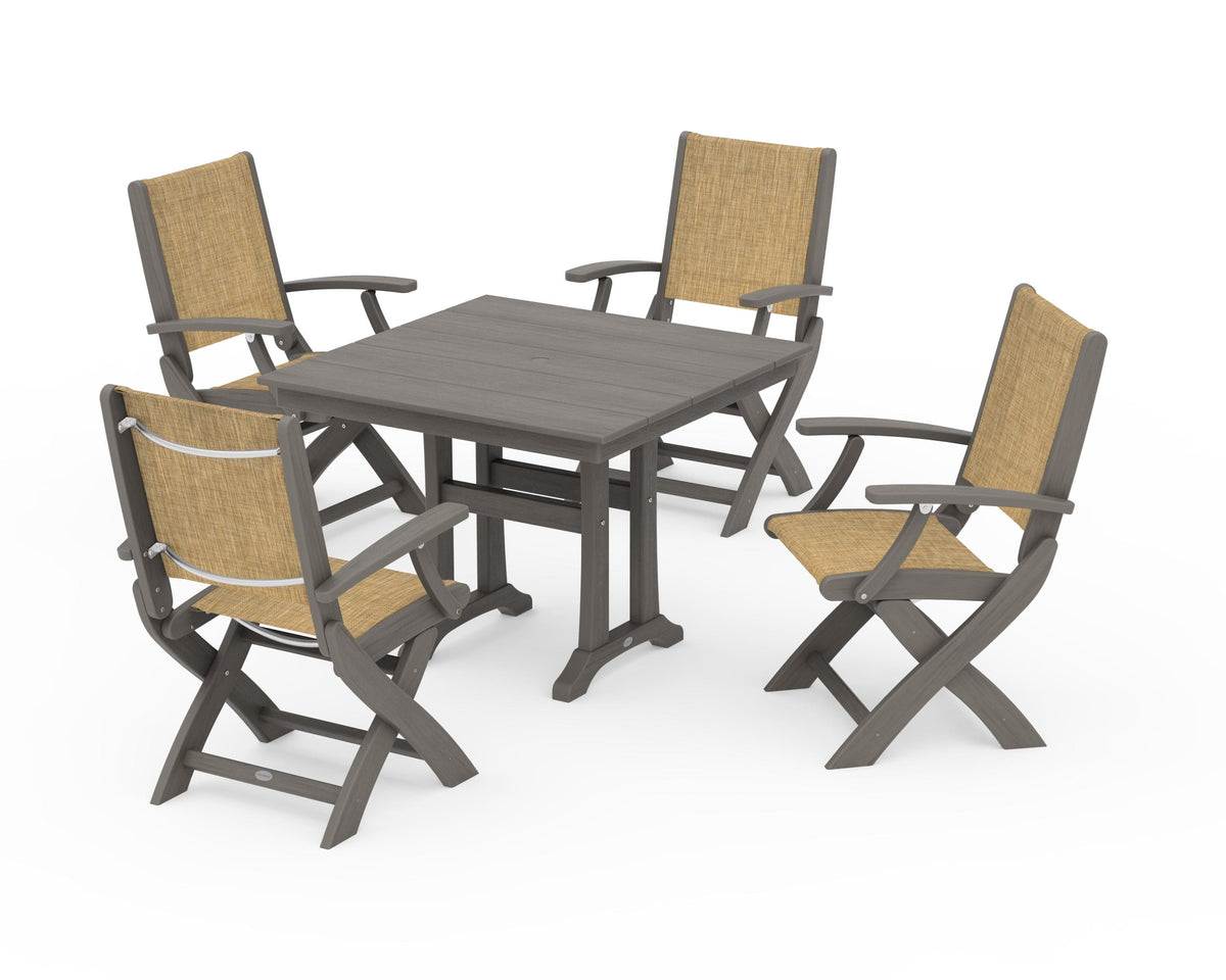 POLYWOOD Coastal Folding Chair 5-Piece Farmhouse Dining Set With Trestle Legs in Driftwood / Burlap