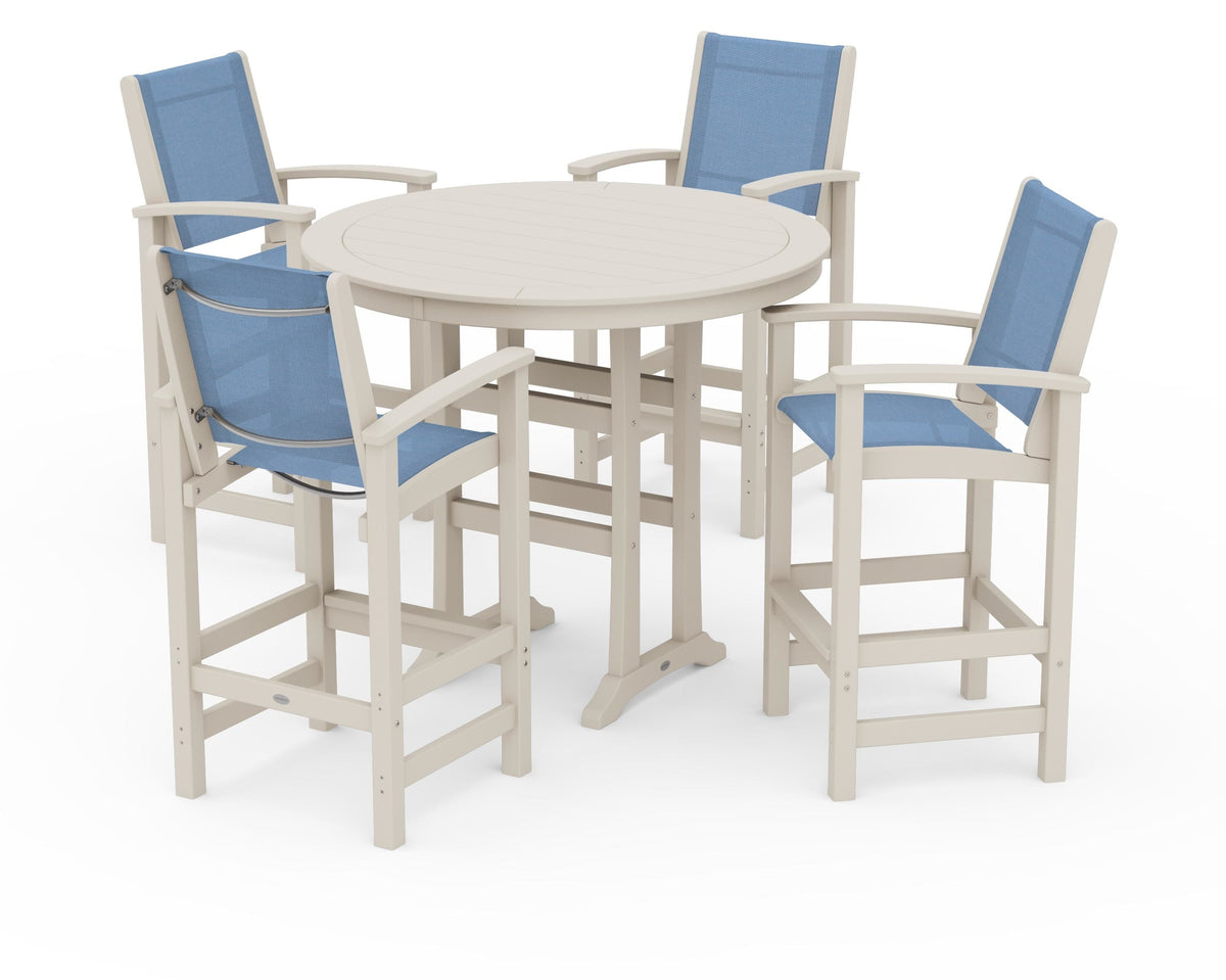POLYWOOD Coastal 5-Piece Nautical Trestle Bar Set in Sand / Poolside