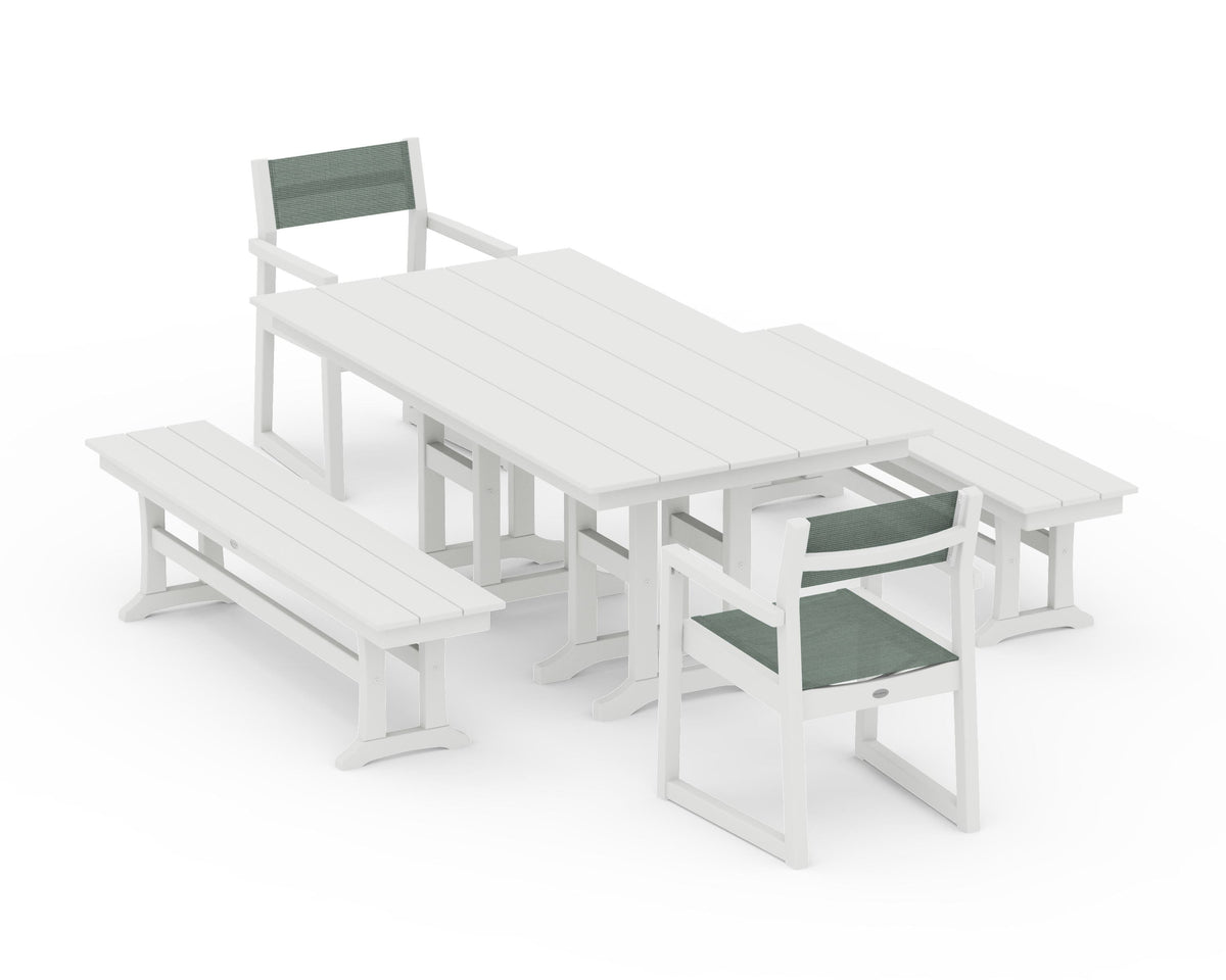 POLYWOOD EDGE Sling Arm Chair 5-Piece Farmhouse Dining Set with Benches in Vintage White / Dupioni Sea Mist