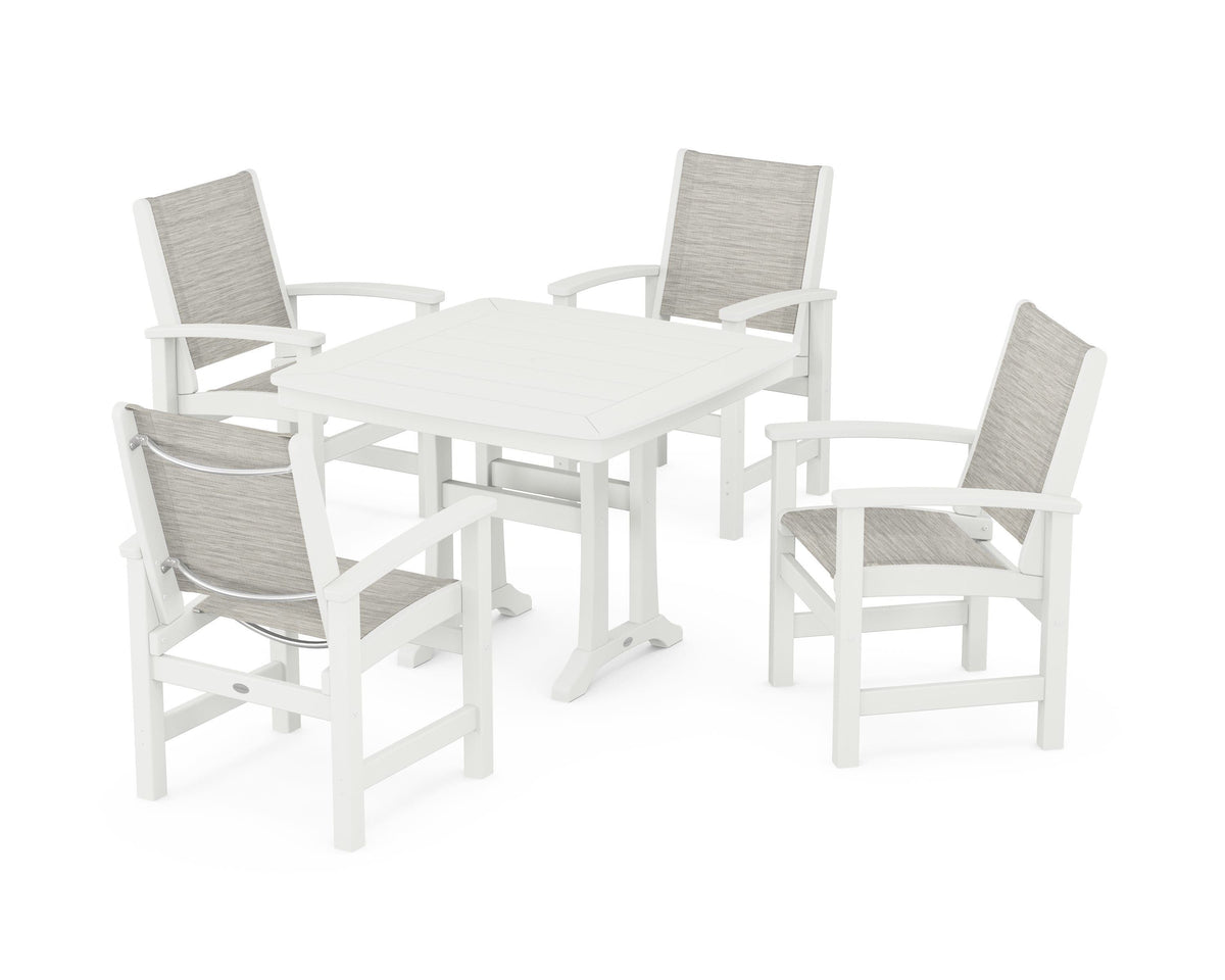 POLYWOOD Coastal 5-Piece Dining Set with Trestle Legs with Nautical Trestle 37" Dining Table in Vintage White / Birch