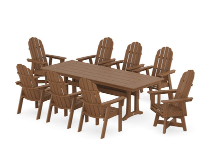 POLYWOOD Vineyard 9-Piece Curveback Adirondack Swivel Farmhouse Dining Set with Trestle Legs in Teak