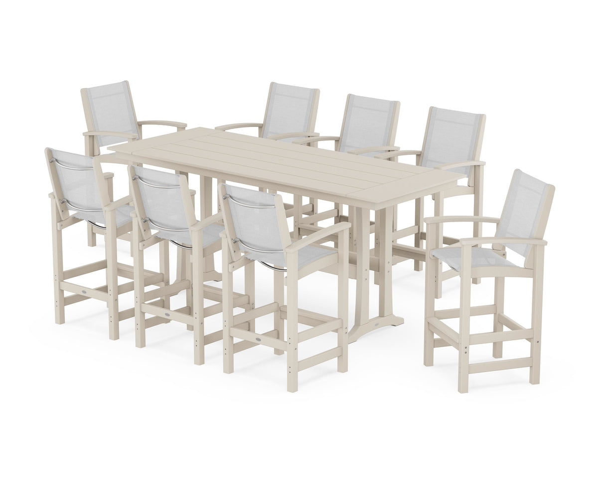 POLYWOOD Coastal 9-Piece Farmhouse Bar Set with Trestle Legs in Sand / White