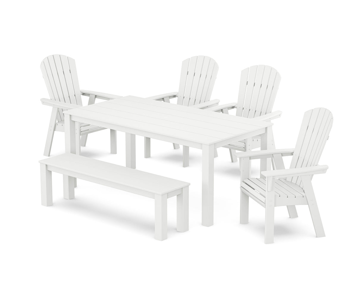 POLYWOOD Nautical Curveback Adirondack 6-Piece Parsons Dining Set with Bench in White