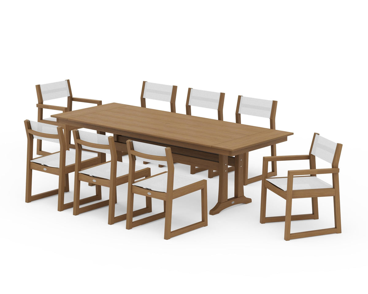 POLYWOOD EDGE Sling 9-Piece Farmhouse Trestle Dining Set in Natural / White